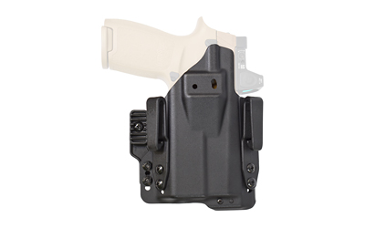 Black holster for firearm attachment and retention.