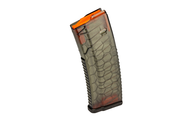 Transparent magazine for firearms with orange tip.