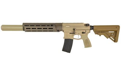 Tactical rifle with suppressor and adjustable stock.