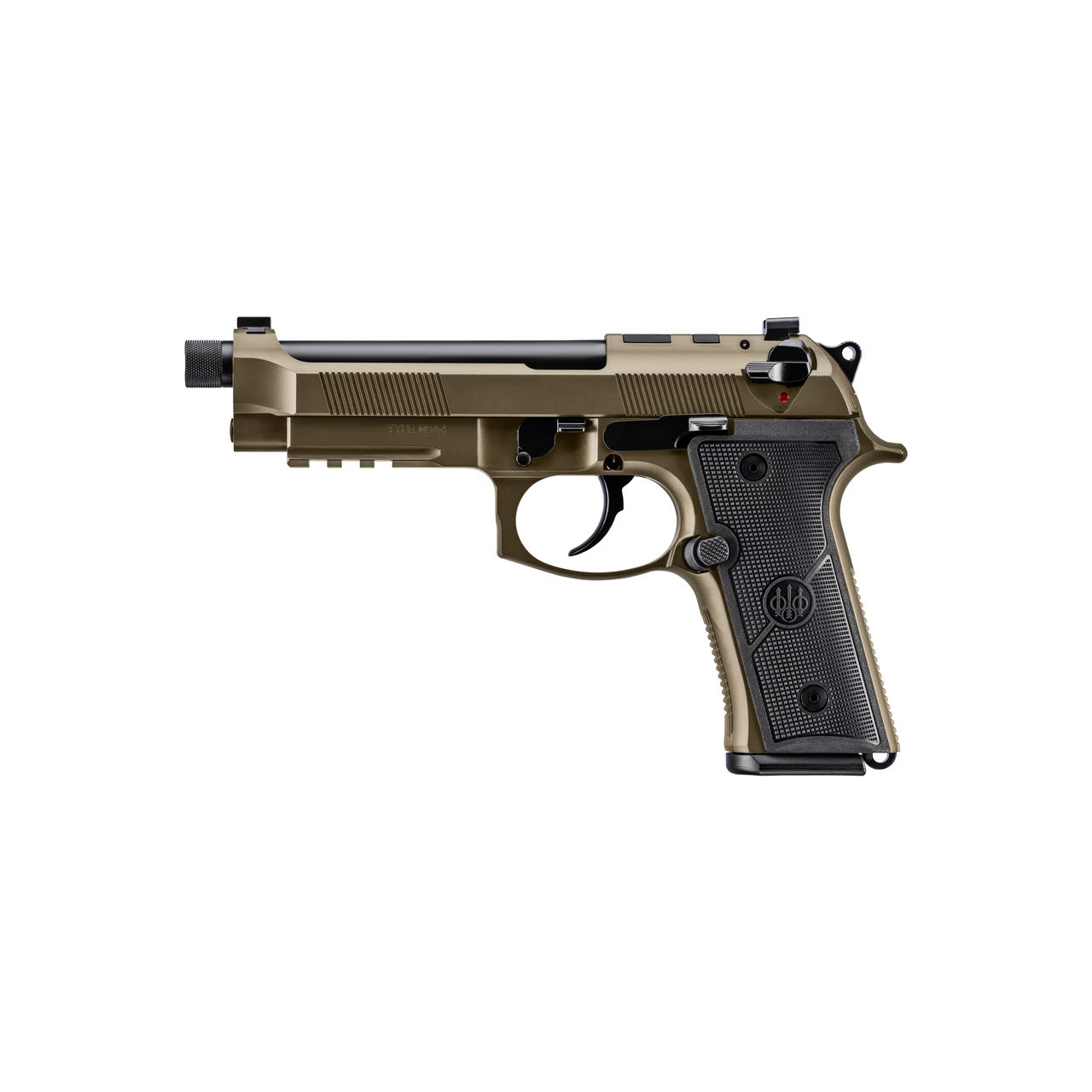 Side view of a tan semi-automatic pistol