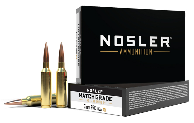 NOSLER Match Grade 7mm PRC ammunition box and cartridges
