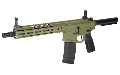 Olive green firearm with tactical features