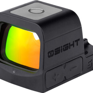 Close-up of a red dot sight scope.