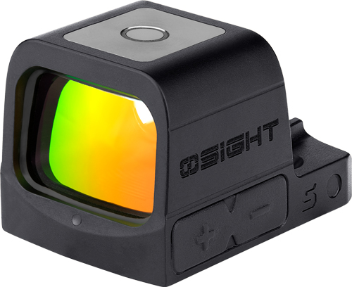 Close-up of a red dot sight scope.
