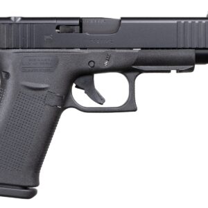 Side view of a black handgun on white background.