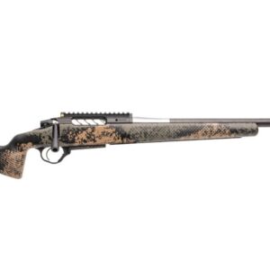 Side view of a camouflaged sniper rifle.