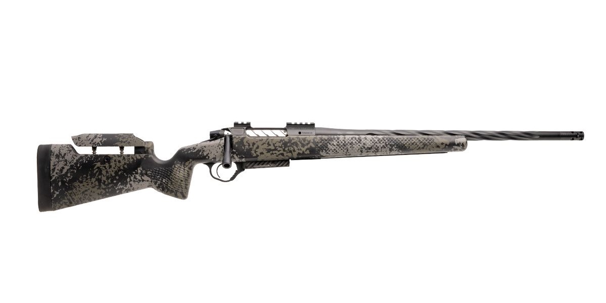 Side view of a camouflaged hunting rifle.