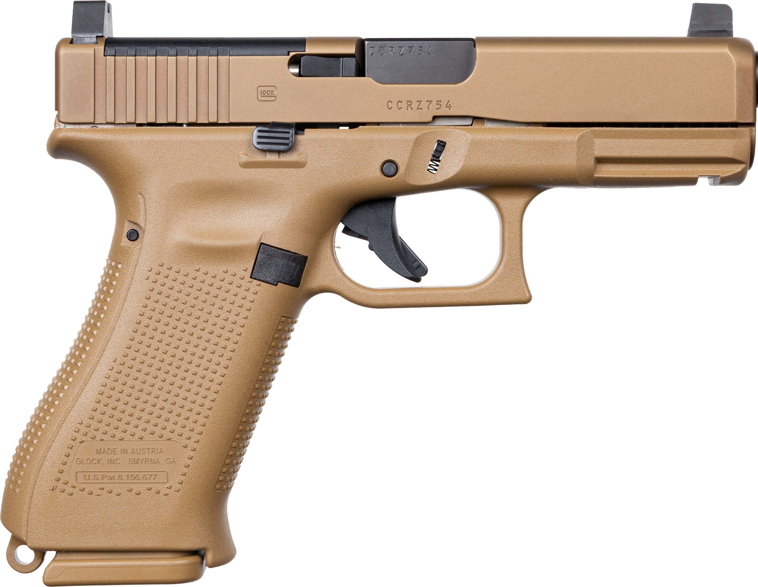 Tan pistol with textured grip and safety features