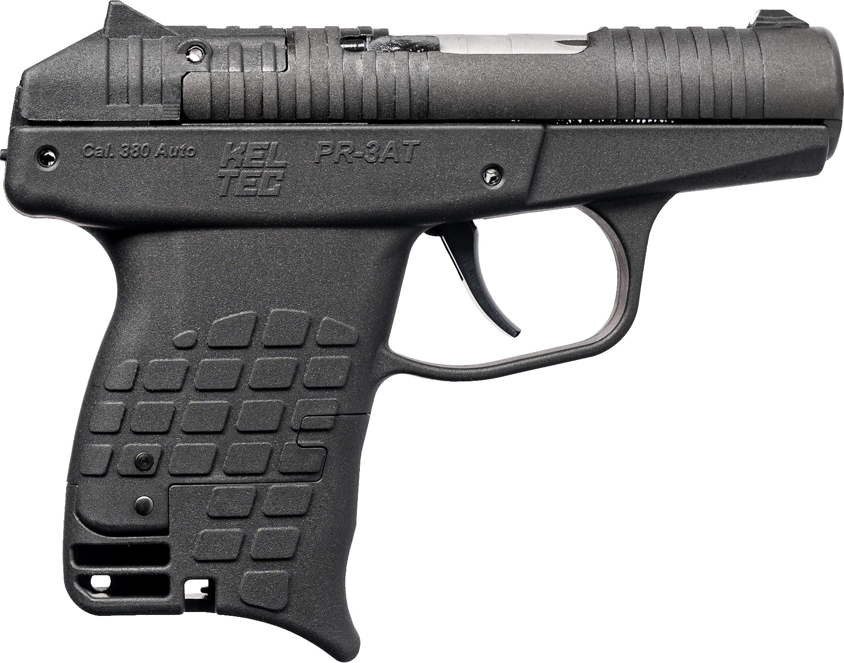Black semi-automatic handgun with textured grip.