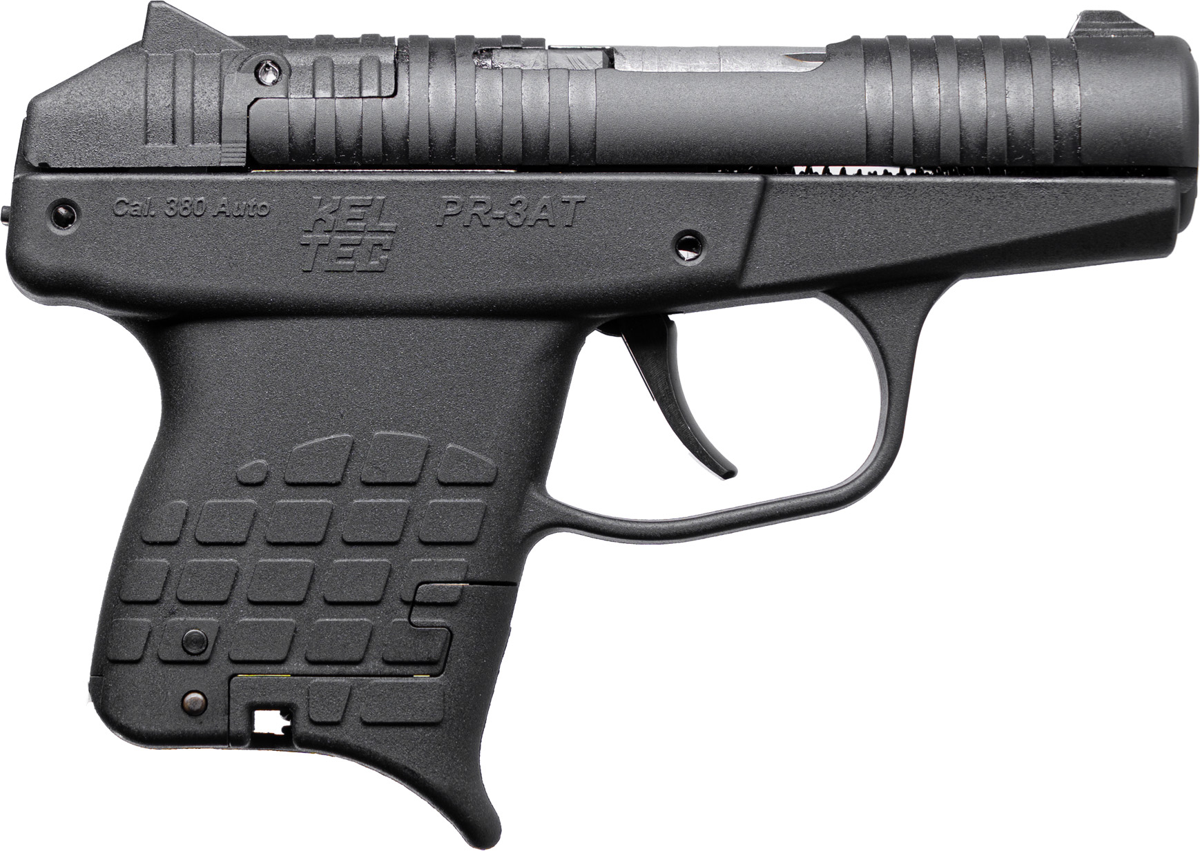 Black compact handgun in profile view