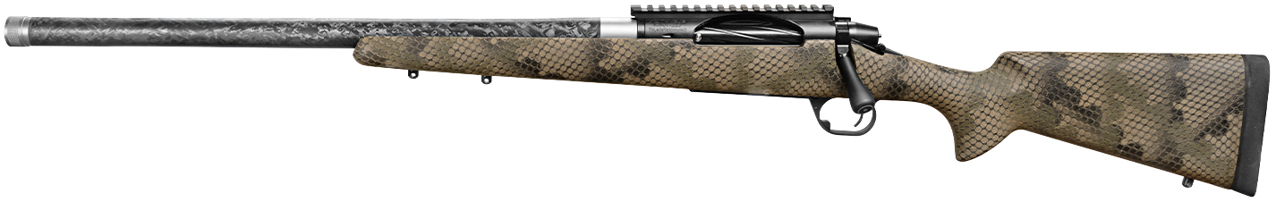 Side view of a patterned hunting rifle.