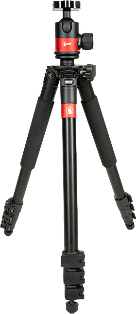 Adjustable tripod with a ball head for stability.
