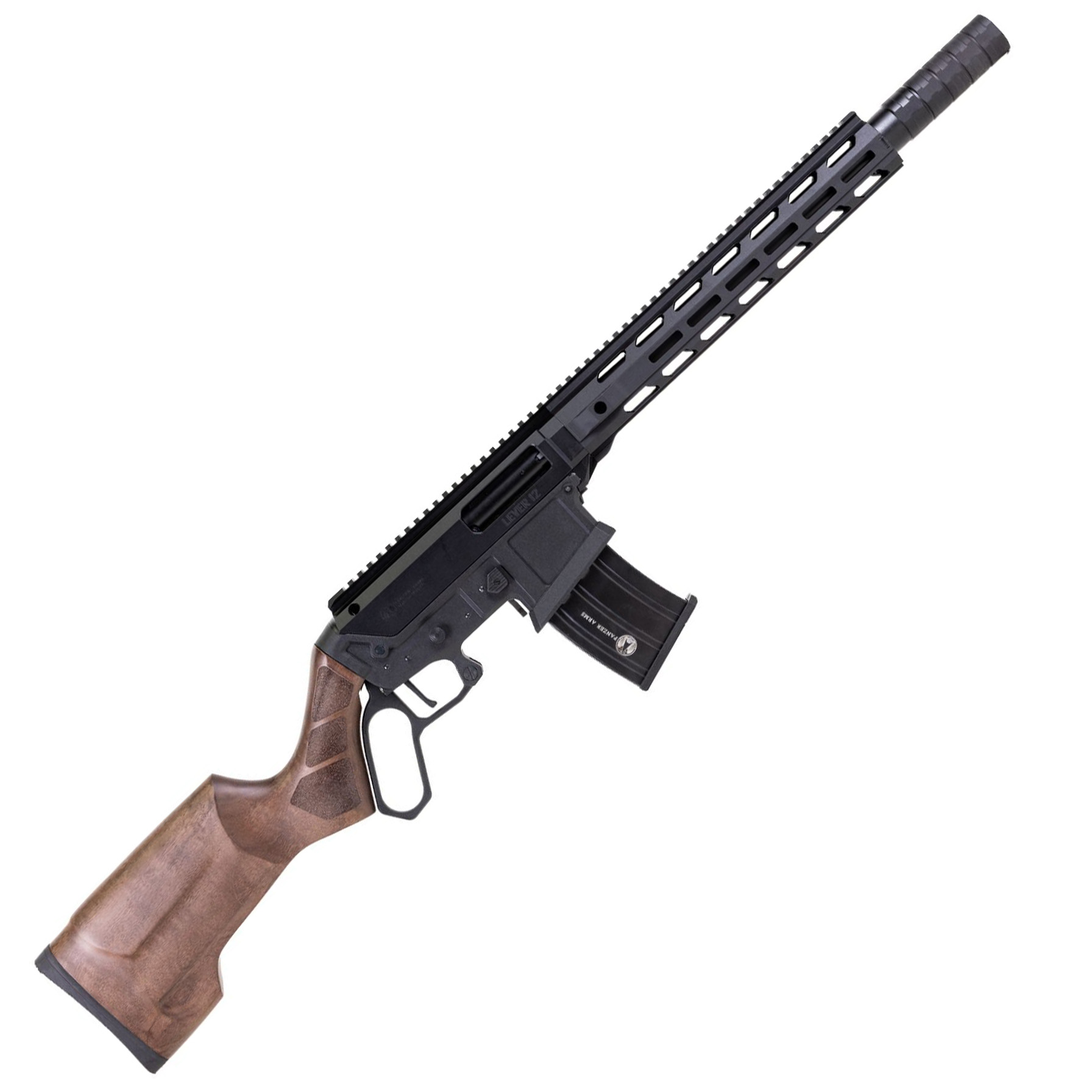 Black semi-automatic rifle with wooden stock.