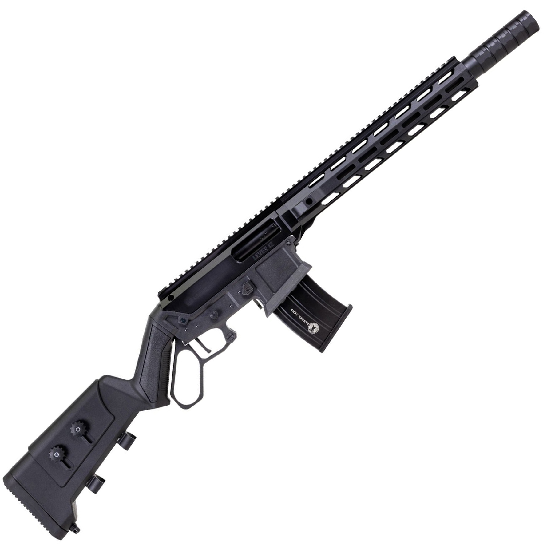 Black tactical rifle with ergonomic design.