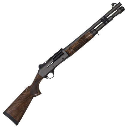 Black and wood shotgun on a white background