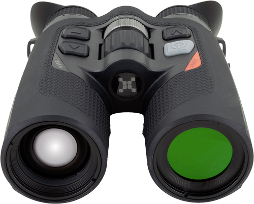 Black binoculars with various buttons and lenses.