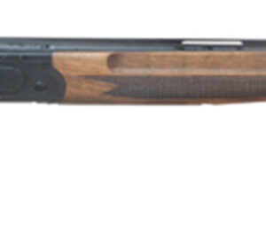 Side view of a shotgun with wooden stock.
