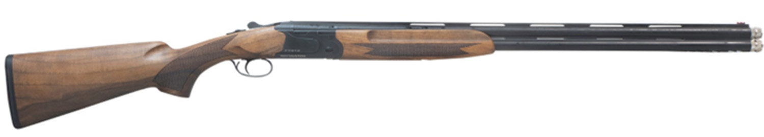 Side view of a shotgun with wooden stock.