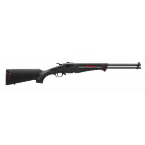 Black rifle with red accents on stock.