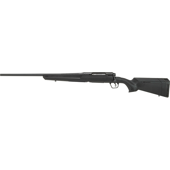 Side view of a black bolt-action rifle.