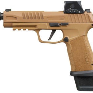 Tan-colored handgun with tactical features