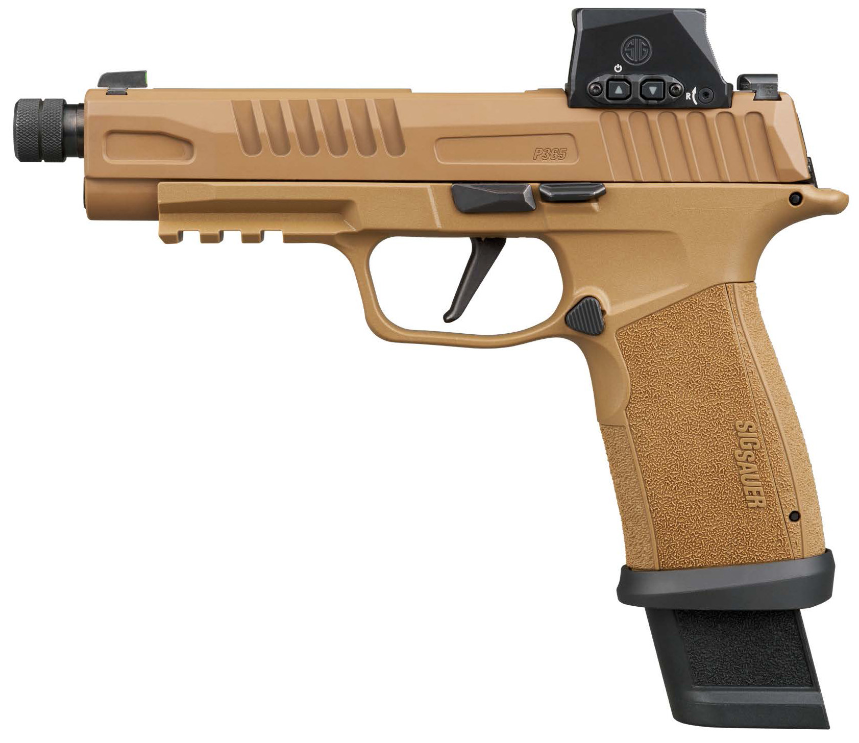 Tan-colored handgun with tactical features