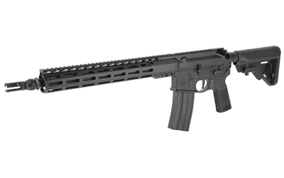 A modern black rifle on a white background.
