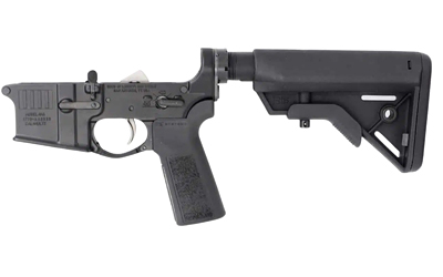 Black firearm receiver with adjustable stock.