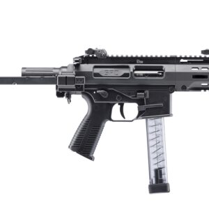 Side view of a black firearm with magazine.