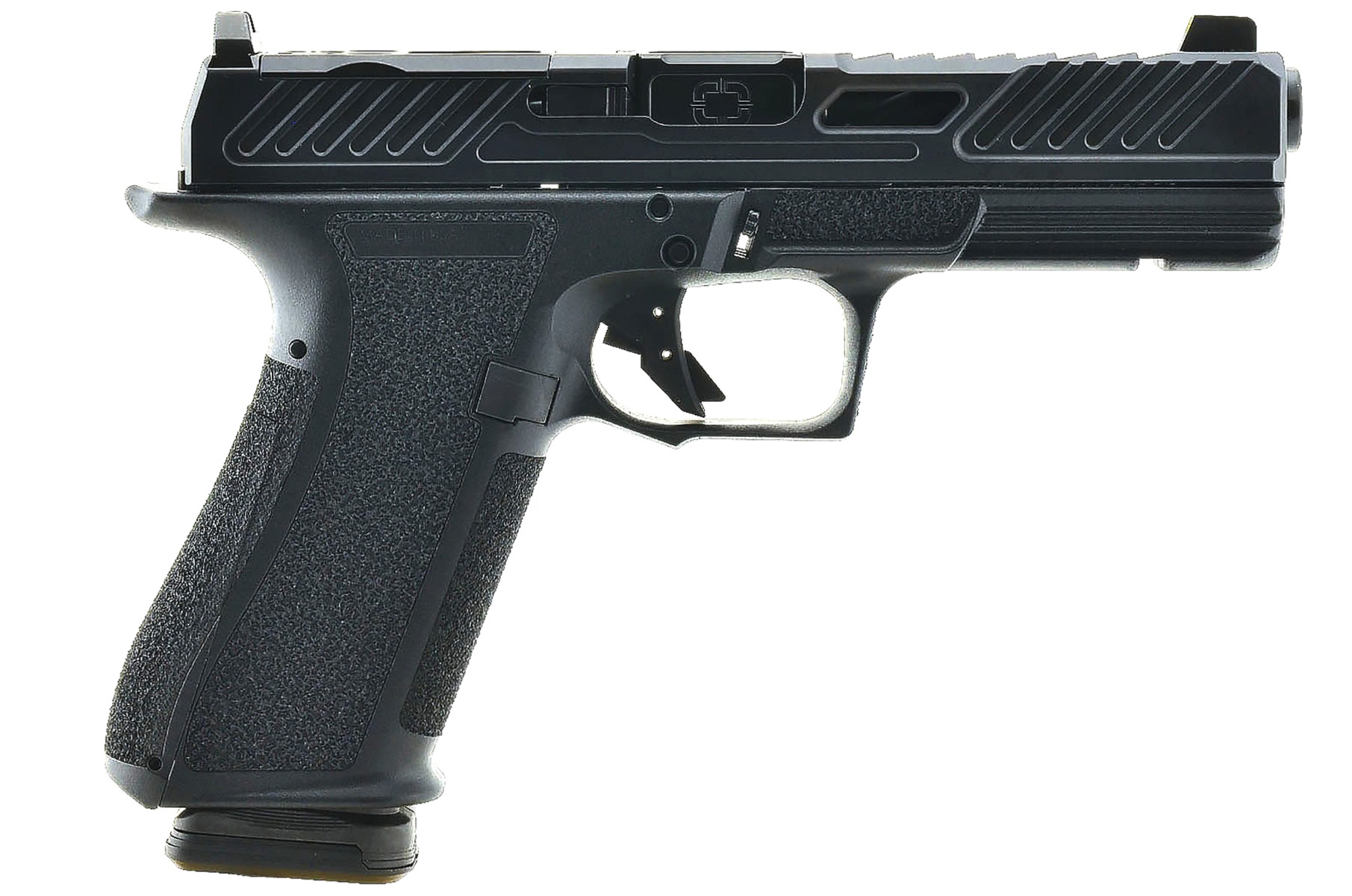 Black semi-automatic pistol on a white background.