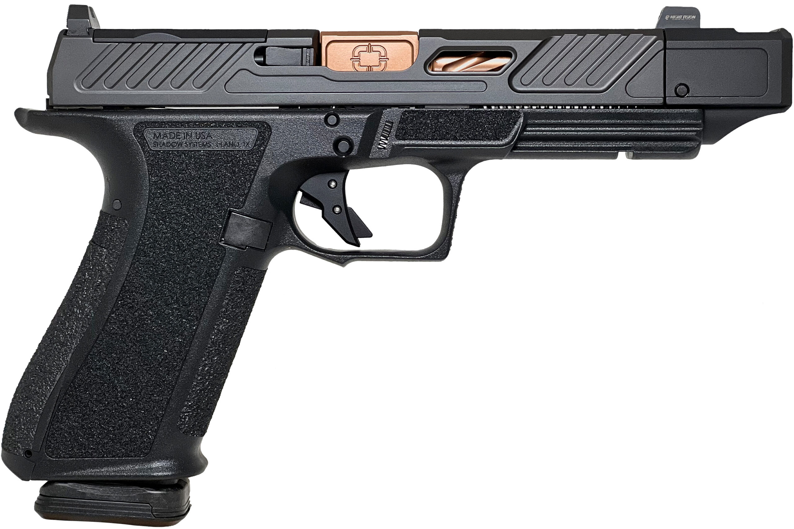 Black semi-automatic handgun with textured grip.