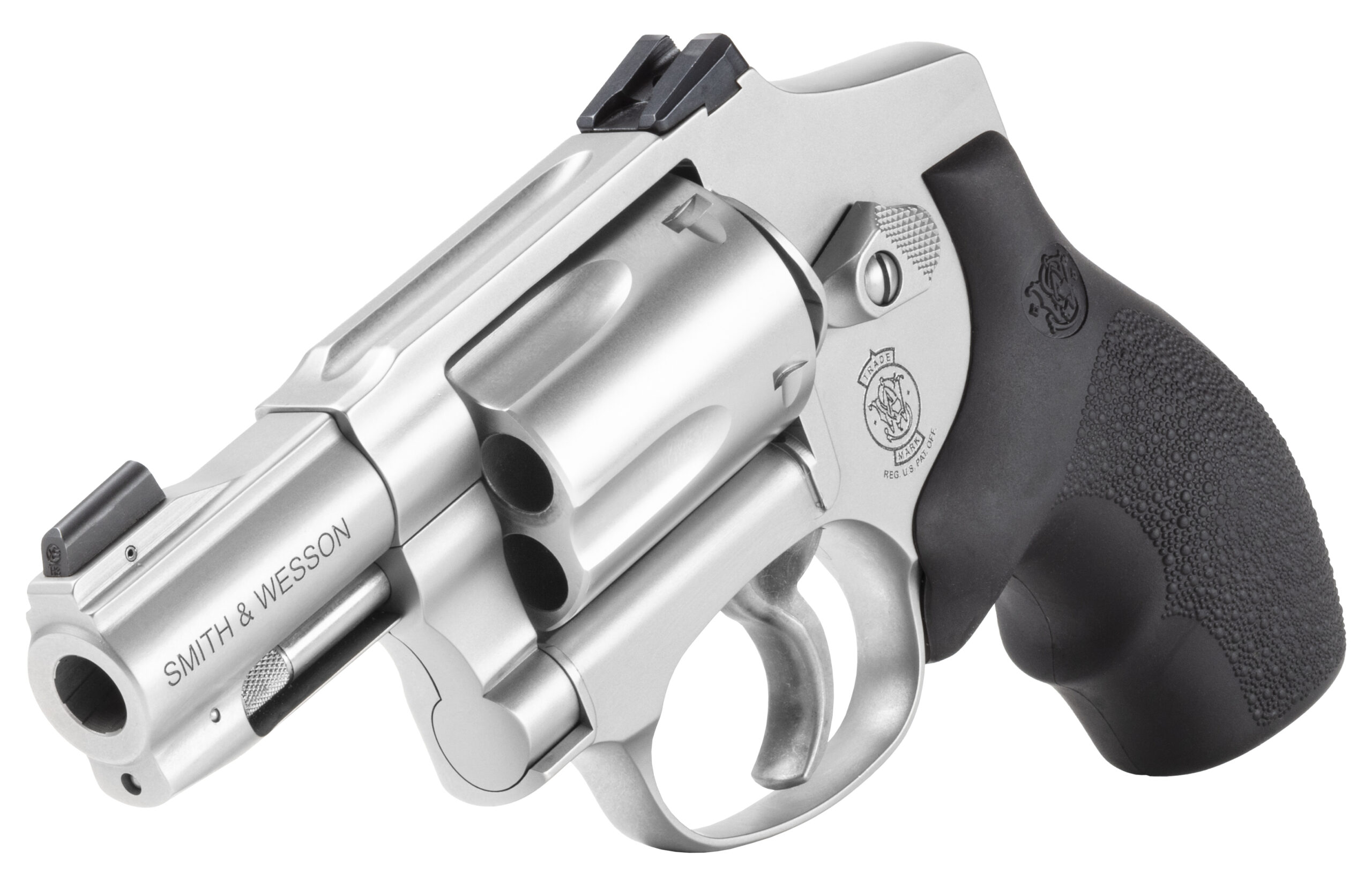 Silver revolver with black grip.