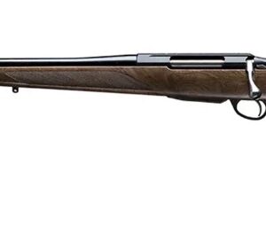 Side view of a wooden stock rifle.