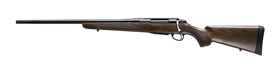 Side view of a wooden stock rifle.