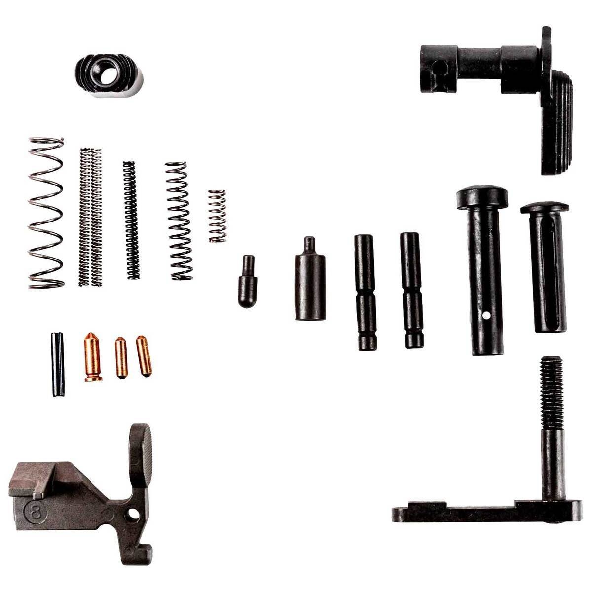 Various firearm components and assembly parts.