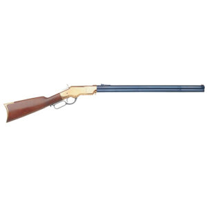 Golden lever-action rifle with wooden stock.
