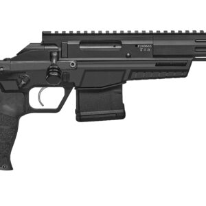 Black firearm displayed on a white background.