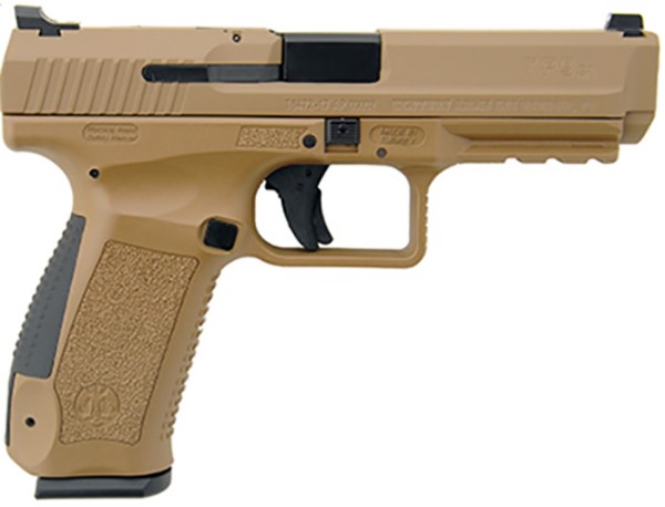 Tan semi-automatic handgun on white background