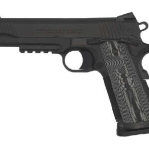 Black semi-automatic handgun on a white background