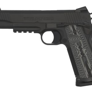 Black Colt automatic handgun on white background.