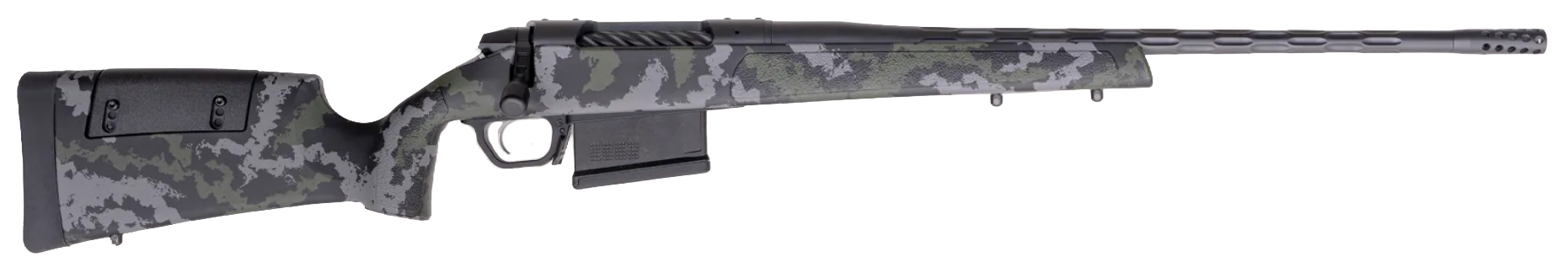 Camouflaged long-range rifle with sleek design.
