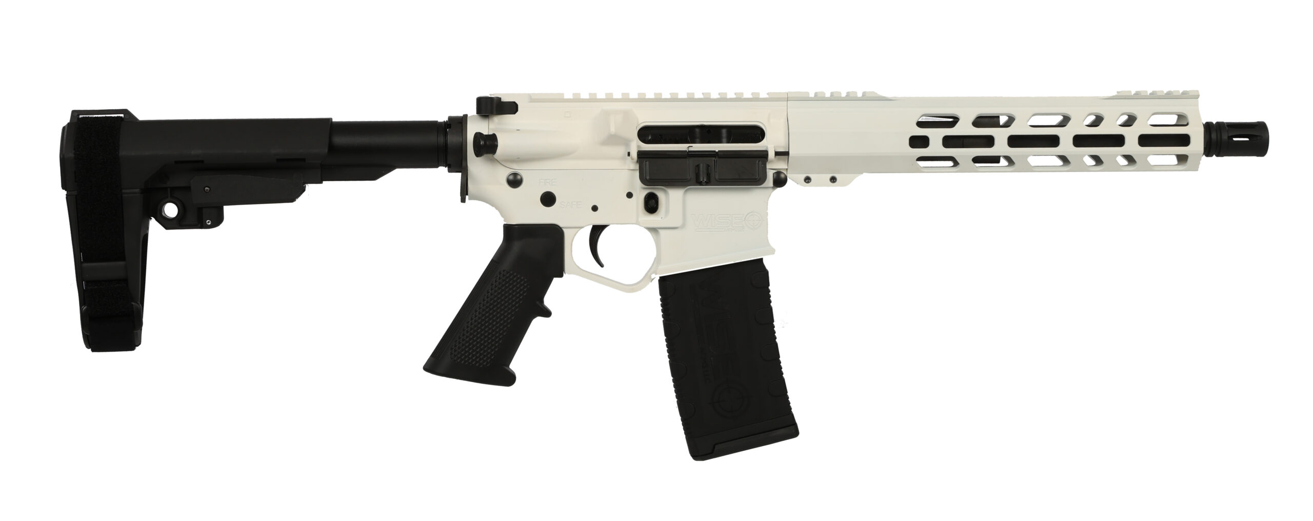 White firearm with tactical features and magazine.