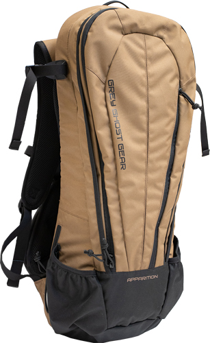 Tan backpack with multiple compartments and straps.