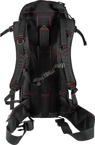 Black backpack with red accents and straps.