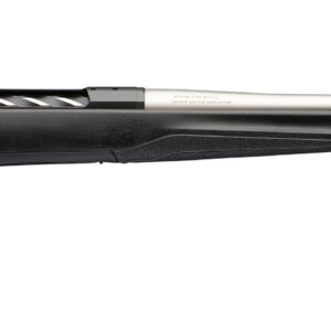 Black bolt-action rifle with stainless steel barrel