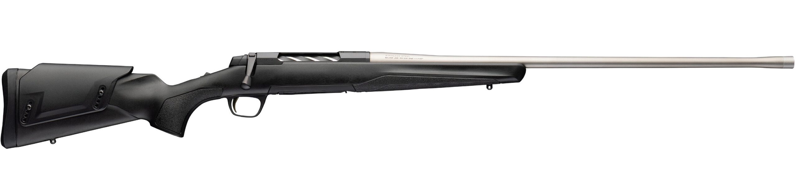 Bolt-action rifle with synthetic stock on white background