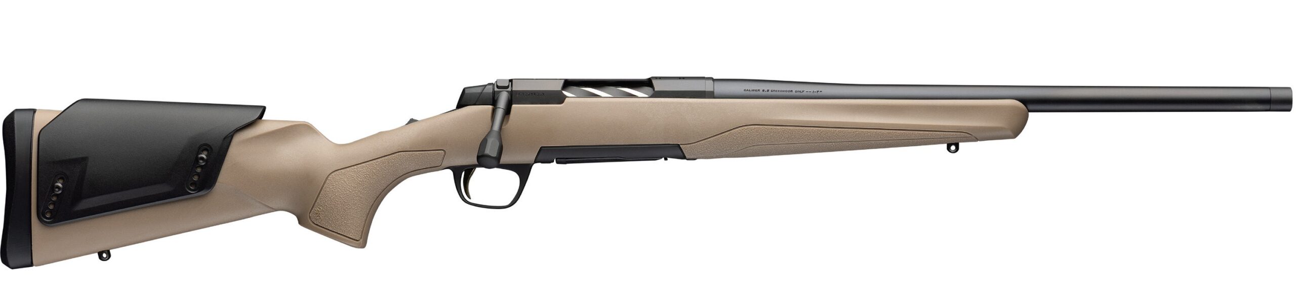 Bolt-action rifle with tan stock and black barrel