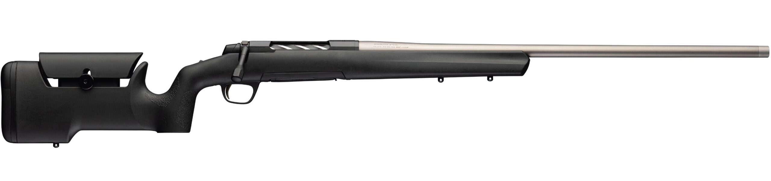 Bolt-action rifle with black stock and long barrel