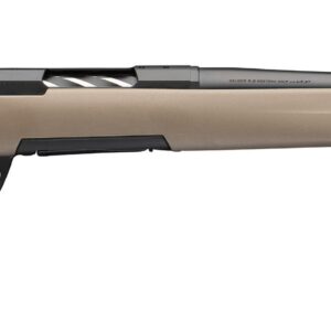 Bolt-action rifle with tan synthetic stock