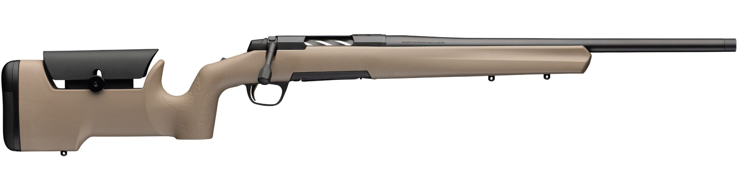 Bolt-action rifle with tan synthetic stock